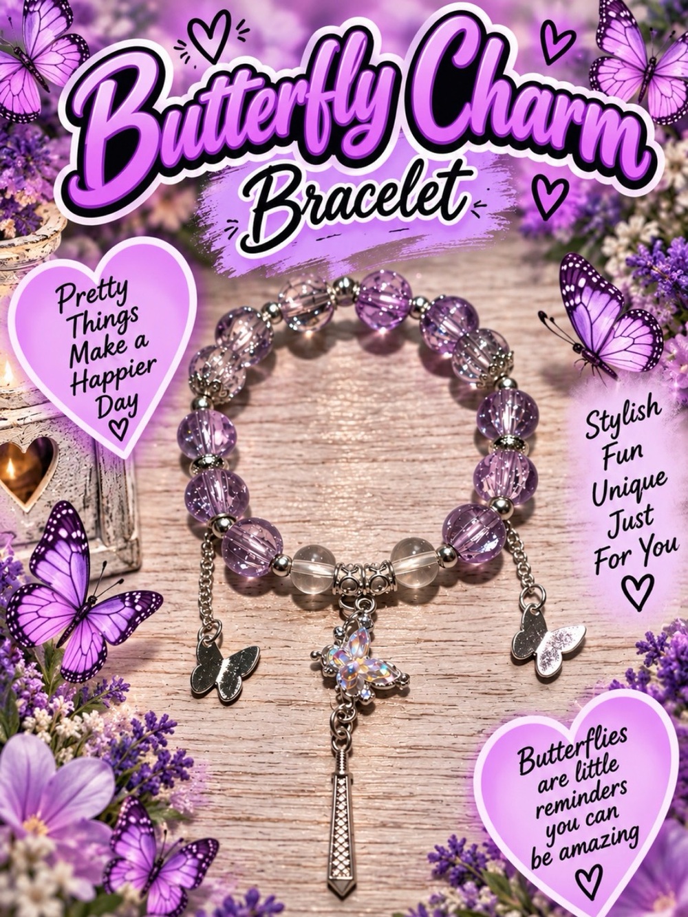 Purple Butterfly Charm Beaded Bracelet - Women's Fashion Jewelry